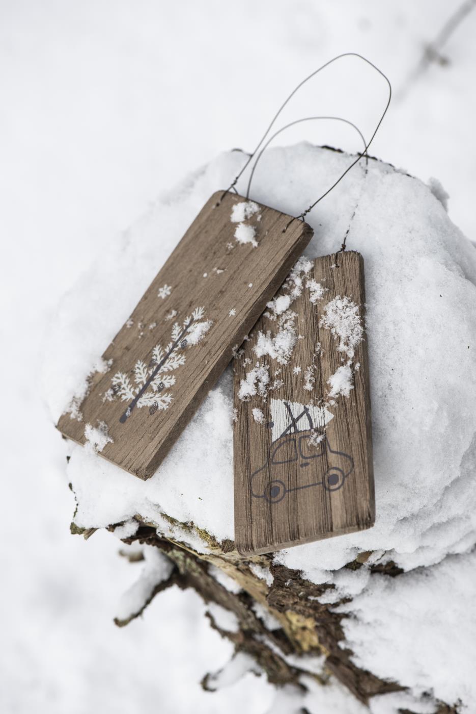 Holzschild Auto mit Tannenbaum auf dem Dach