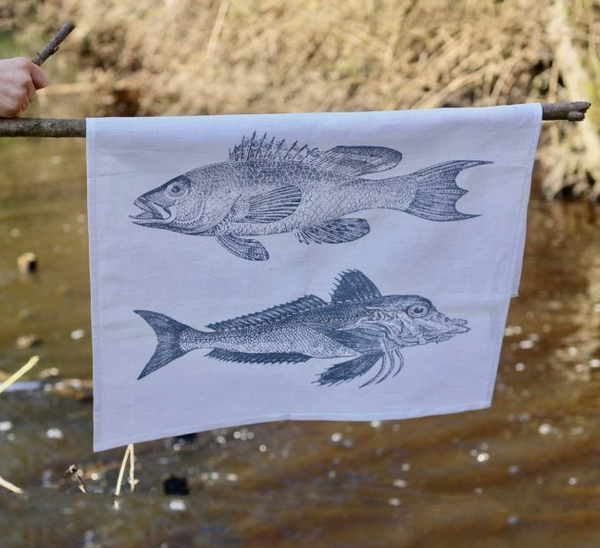 Geschirrtuch - Fischtrio graublau