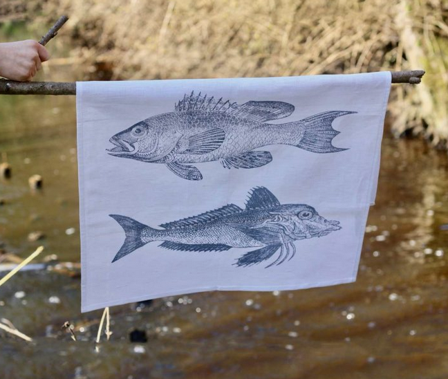 Geschirrtuch - Fischtrio graublau