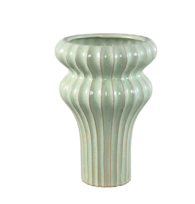 Glenna Mint ceramic round ribbed pot w bulbs M