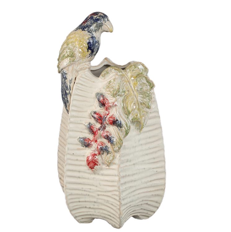 Rialey Cream ceramic round vase with parrot M.png